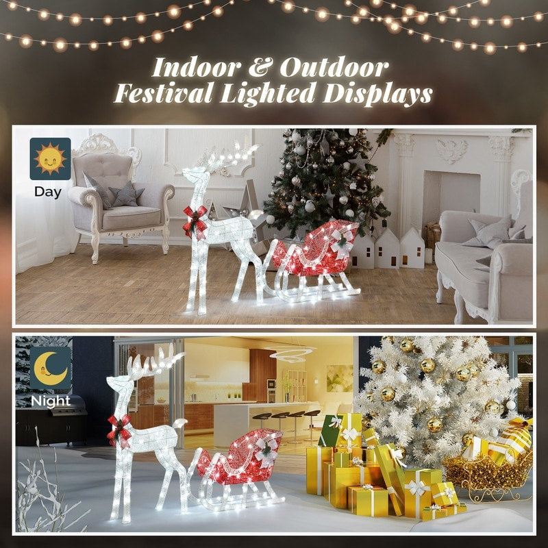 4ft White Lighted Christmas Reindeer & Sleigh Outdoor Yard Decoration Set