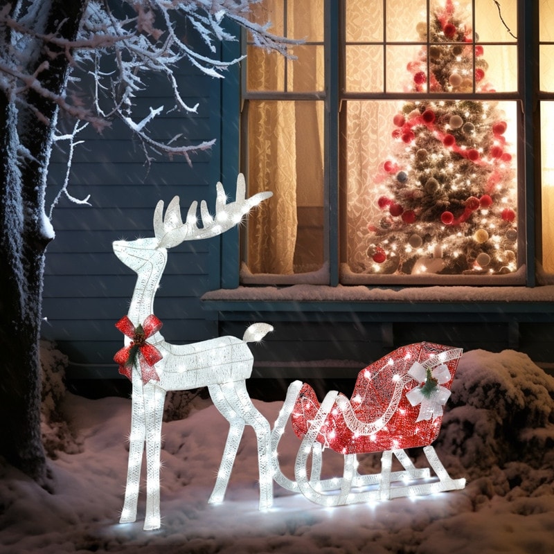 4ft White Lighted Christmas Reindeer & Sleigh Outdoor Yard Decoration Set