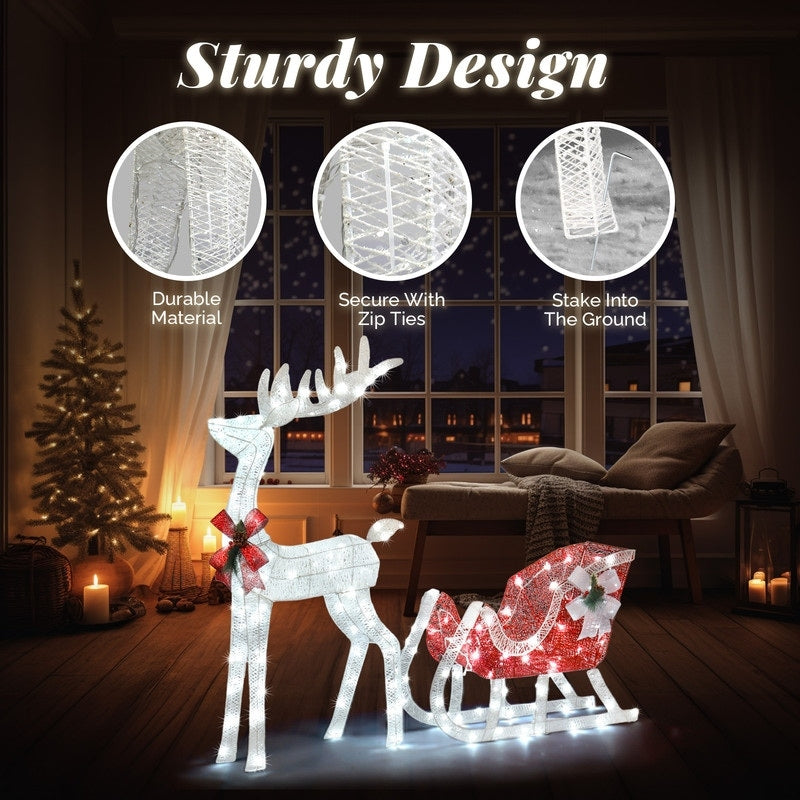 4ft White Lighted Christmas Reindeer & Sleigh Outdoor Yard Decoration Set