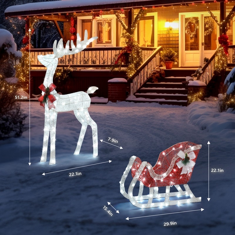 4ft White Lighted Christmas Reindeer & Sleigh Outdoor Yard Decoration Set