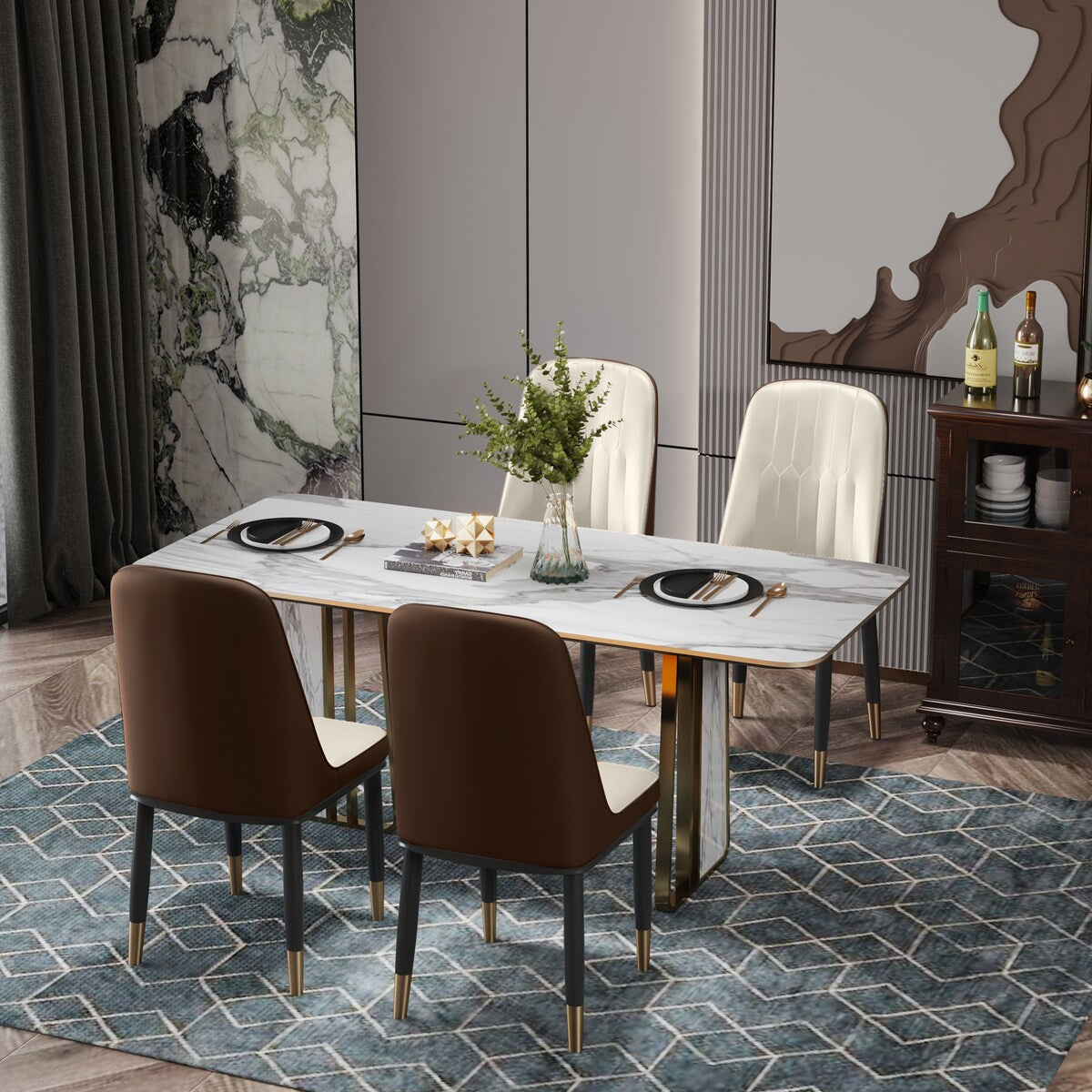 4pcs PU Upholstered Dining Chair with Iron Metal Gold Plated Legs