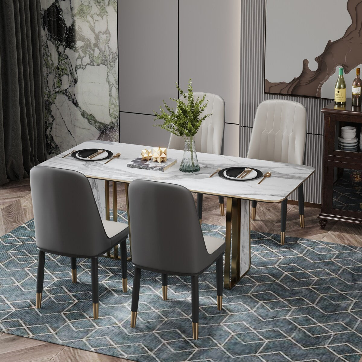 4pcs PU Upholstered Dining Chair with Iron Metal Gold Plated Legs