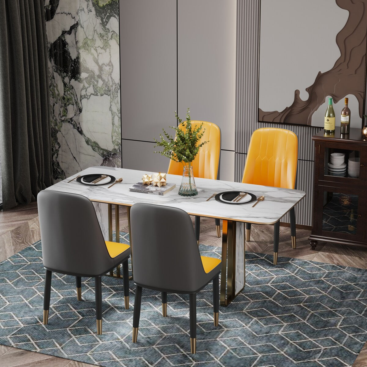 4pcs PU Upholstered Dining Chair with Iron Metal Gold Plated Legs