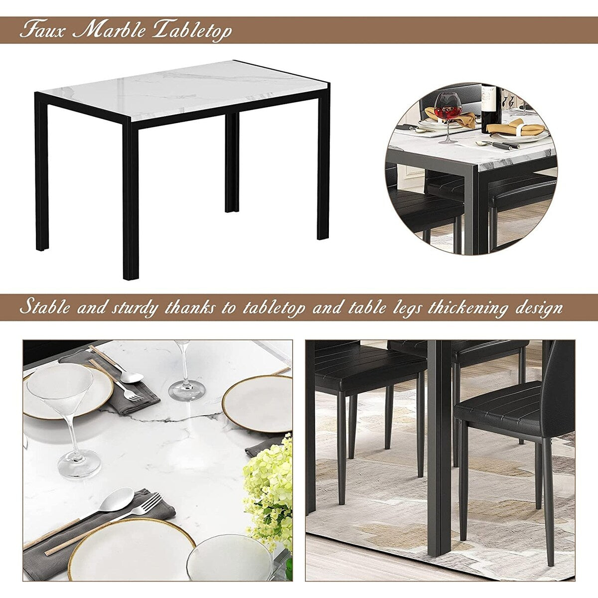 5 - Piece Dining Set, Faux Marble Kitchen Table & Chair Set for Small, Modern Compact Space for Home, Breakfast Nook