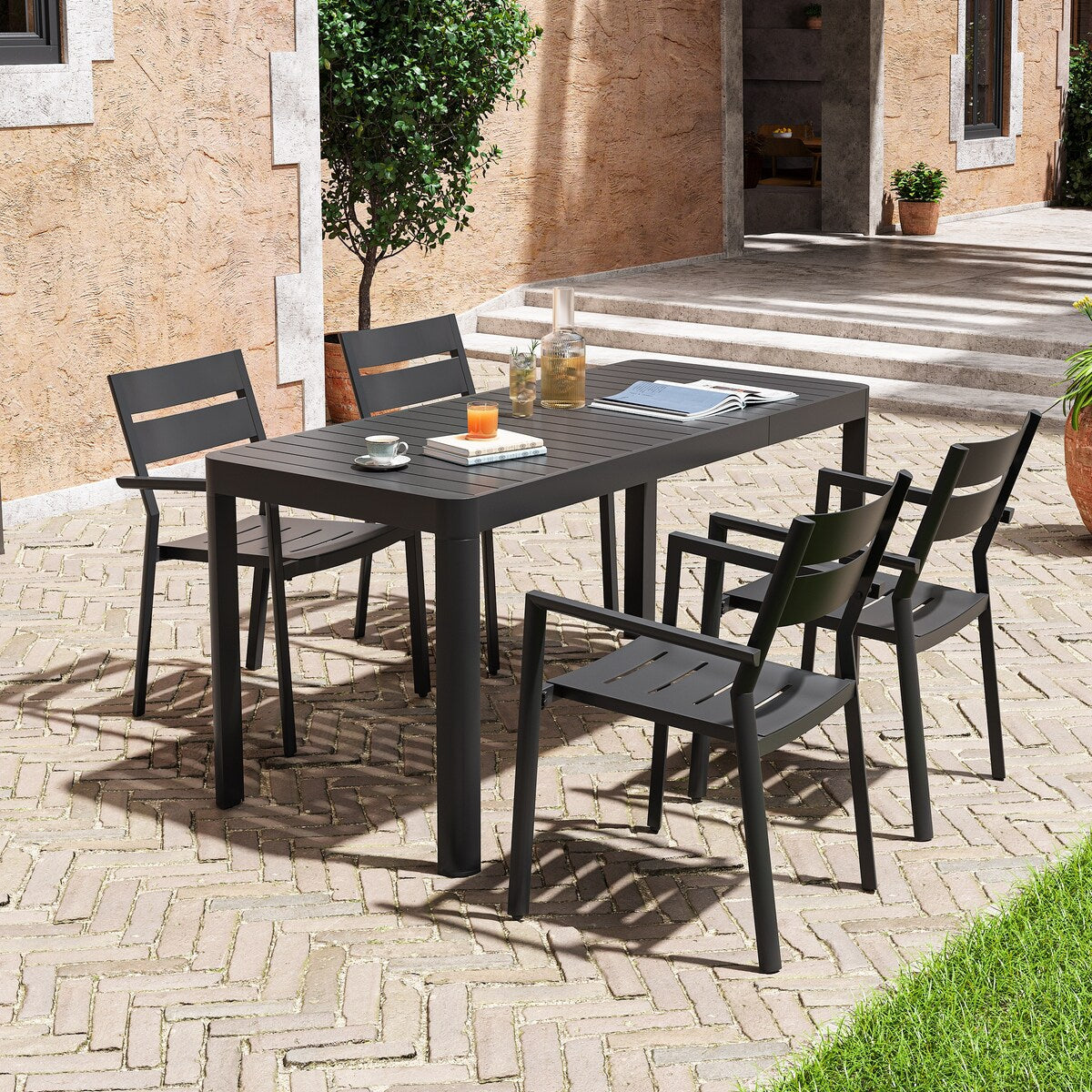 5/7 Pieces Patio Dining Set with Aluminum Stackable Chairs and 1 Expandable Rectangle Table