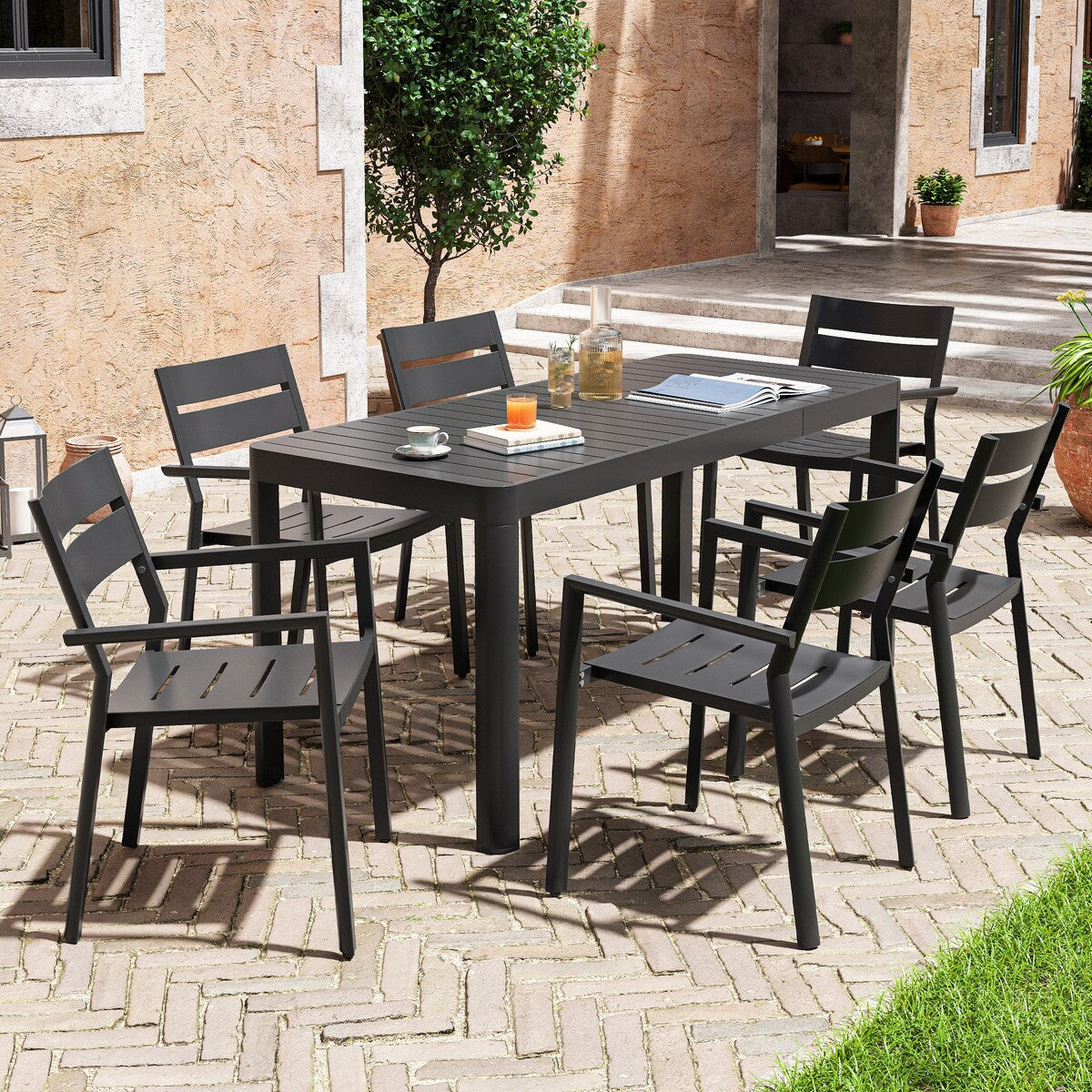 5/7 Pieces Patio Dining Set with Aluminum Stackable Chairs and 1 Expandable Rectangle Table