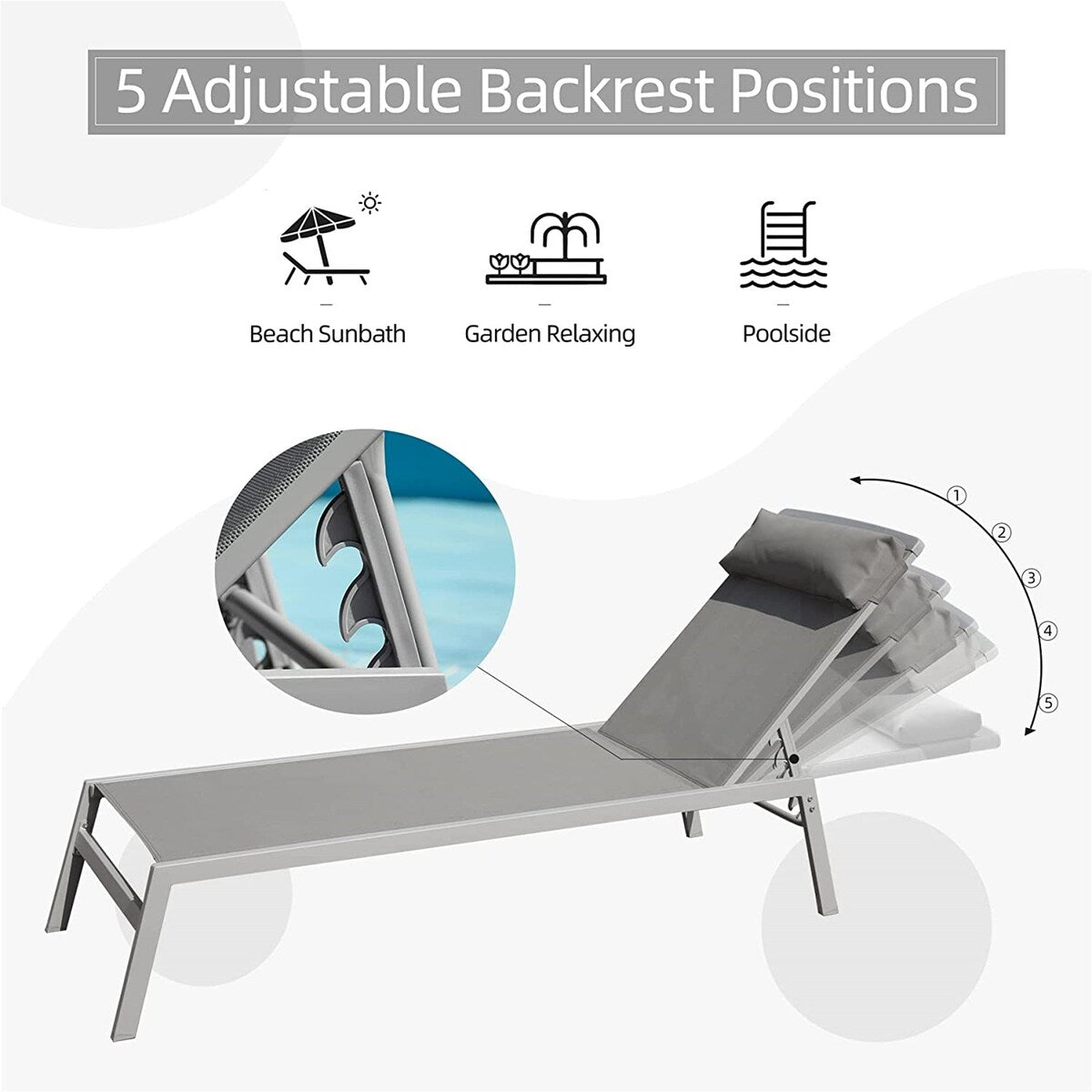 5 Adjustable Aluminum Outdoor 2 Chaise Lounge Chair with Pillow and 1 Table in Blue - N/A