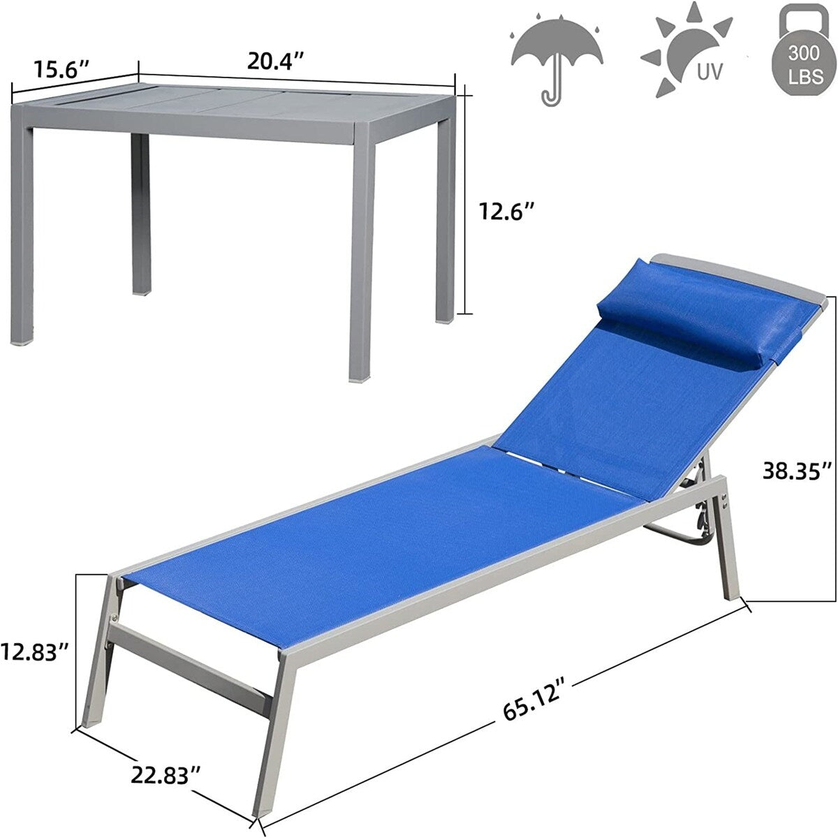 5 Adjustable Aluminum Outdoor 2 Chaise Lounge Chair with Pillow and 1 Table in Blue - N/A