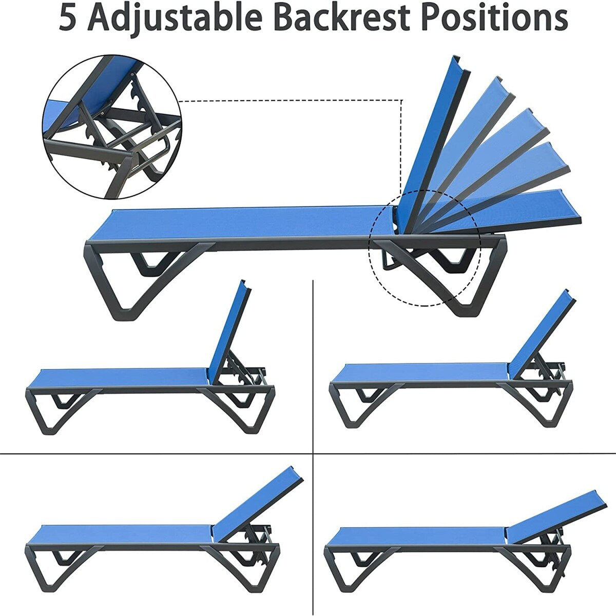 5 Adjustable Aluminium Polypropylene Outdoor Chaise Lounge Chairs in Blue, 2 Lounge Chairs - N/A