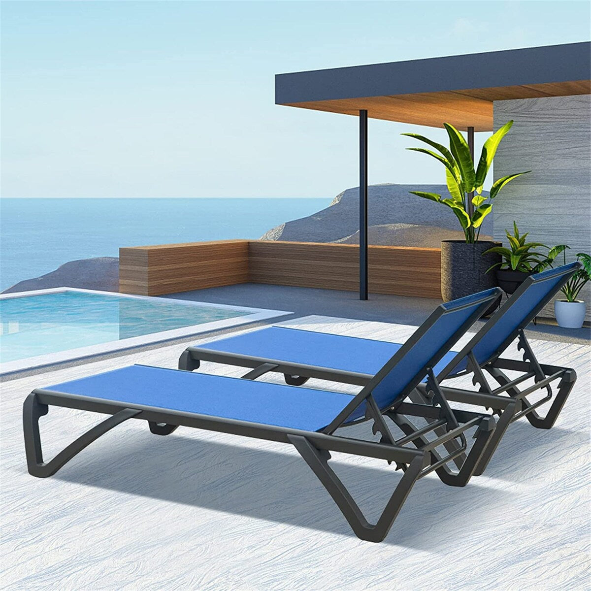 5 Adjustable Aluminium Polypropylene Outdoor Chaise Lounge Chairs in Blue, 2 Lounge Chairs - N/A