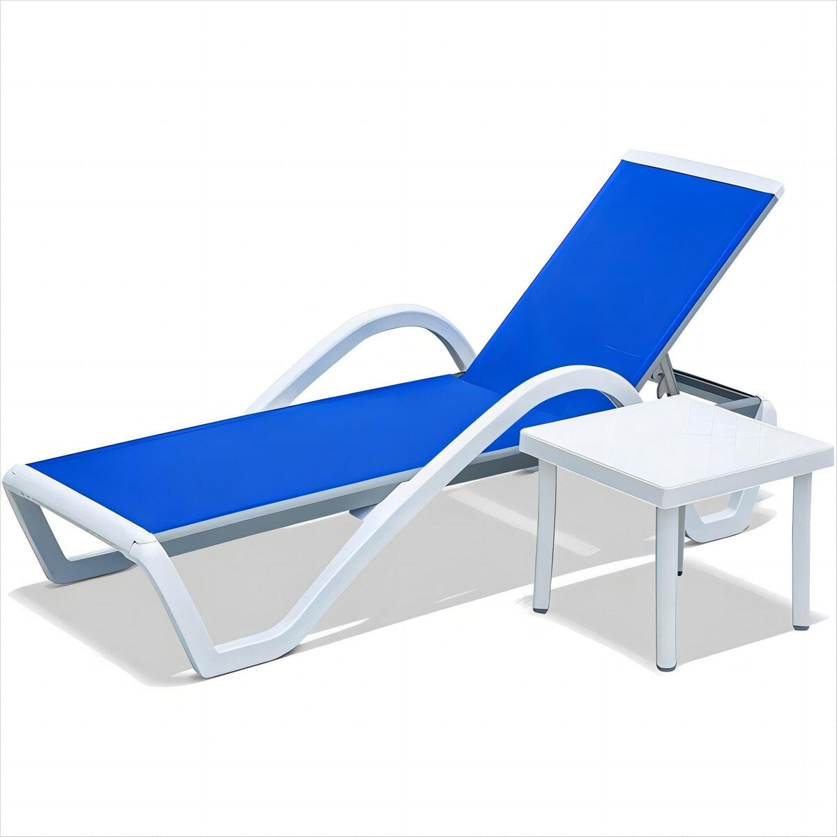 5 Adjustable Aluminum Textile Outdoor 1 Lounge Chair and 1 Plastic Table in Brown or Blue - N/A