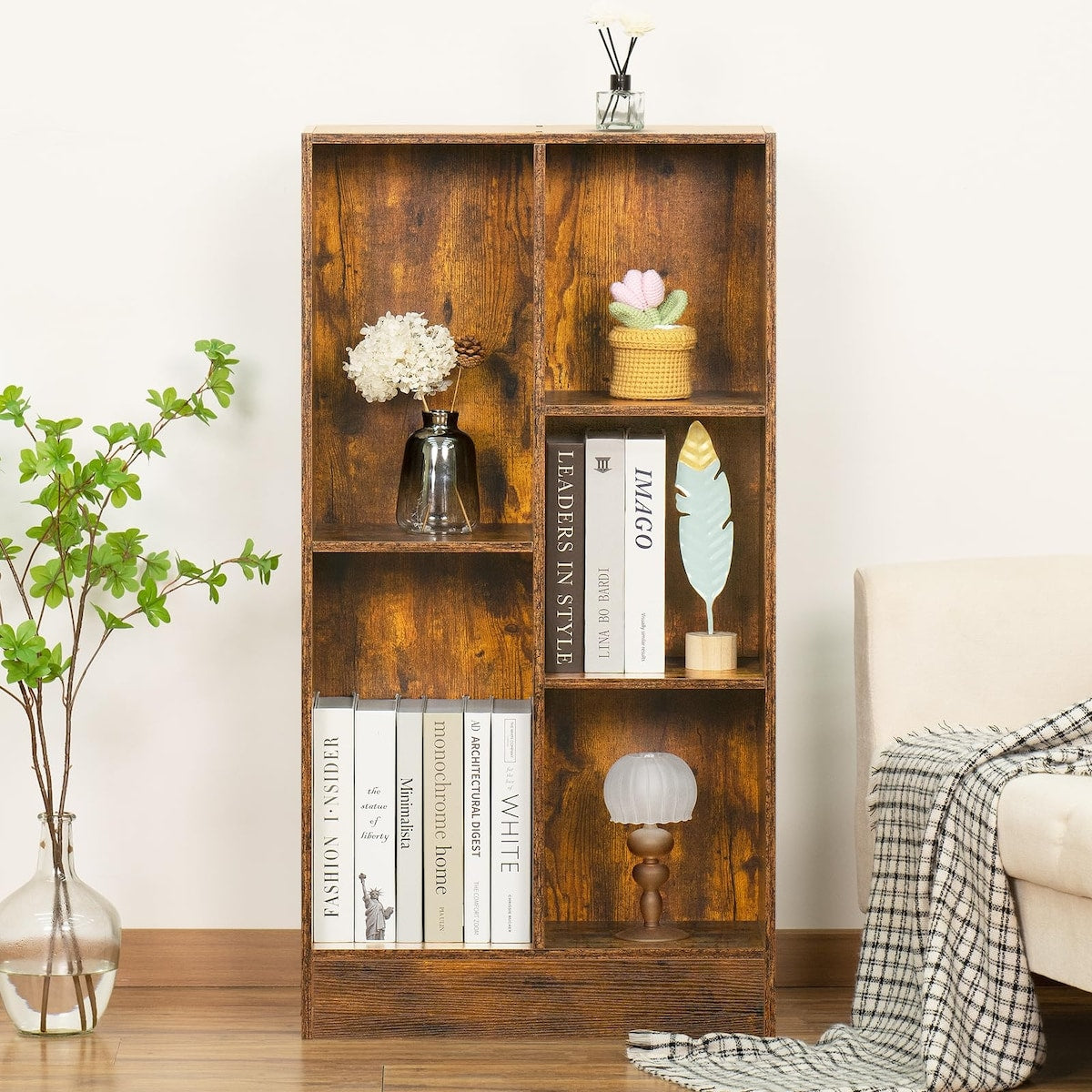 5 Cube Mid-Century Modern Brown Wood Bookcase, 3 Tier Storage Organizer Shelf, Rustic Display Cabinet for Bedroom