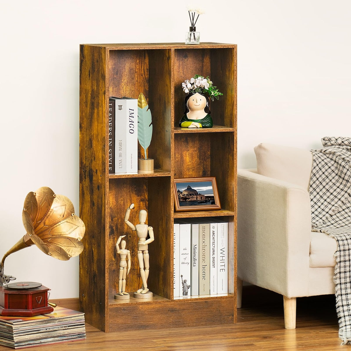 5 Cube Mid-Century Modern Brown Wood Bookcase, 3 Tier Storage Organizer Shelf, Rustic Display Cabinet for Bedroom