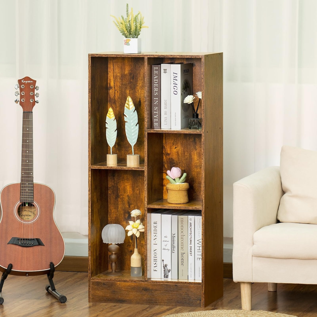 5 Cube Mid-Century Modern Brown Wood Bookcase, 3 Tier Storage Organizer Shelf, Rustic Display Cabinet for Bedroom