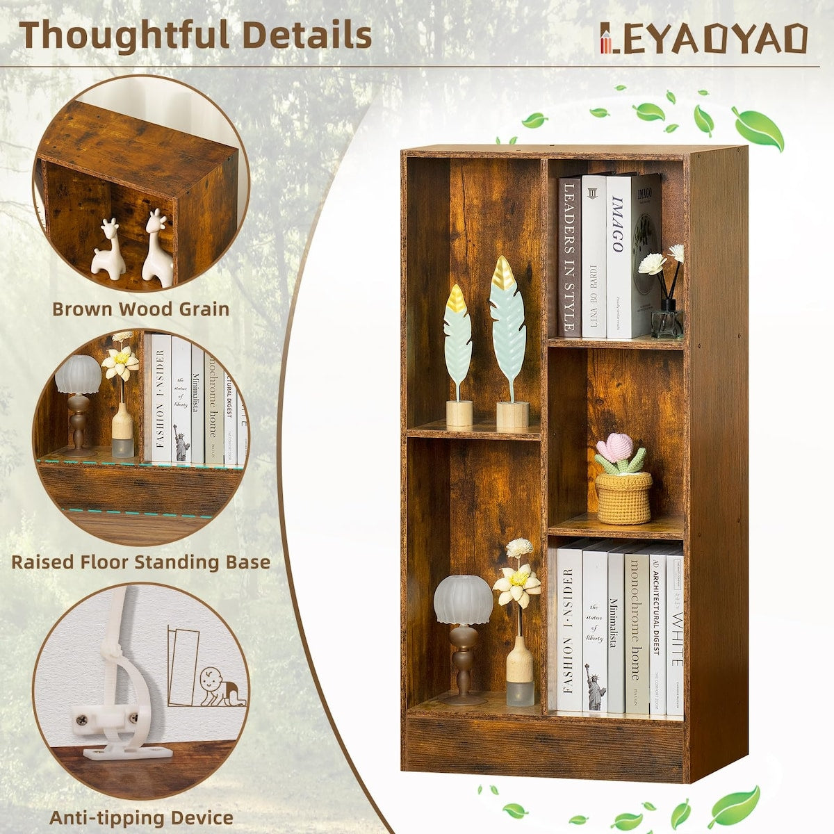 5 Cube Mid-Century Modern Brown Wood Bookcase, 3 Tier Storage Organizer Shelf, Rustic Display Cabinet for Bedroom