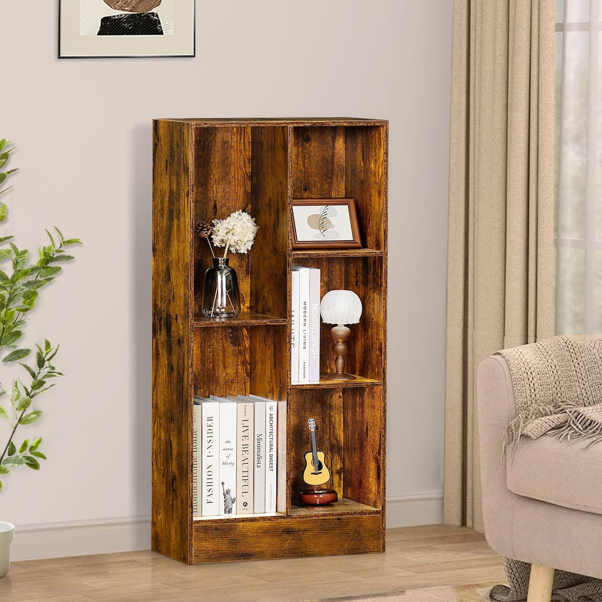 5 Cube Mid-Century Modern Brown Wood Bookcase, 3 Tier Storage Organizer Shelf, Rustic Display Cabinet for Bedroom