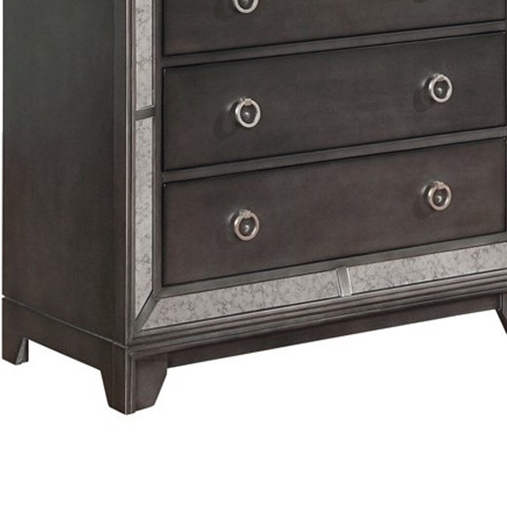5 Drawer Wooden Chest with Mirrored Frame and Metal Pulls, Gray