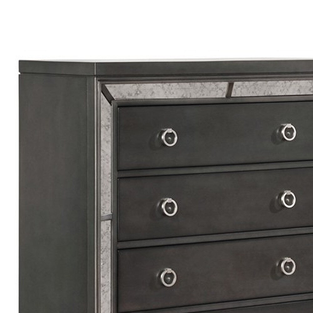 5 Drawer Wooden Chest with Mirrored Frame and Metal Pulls, Gray