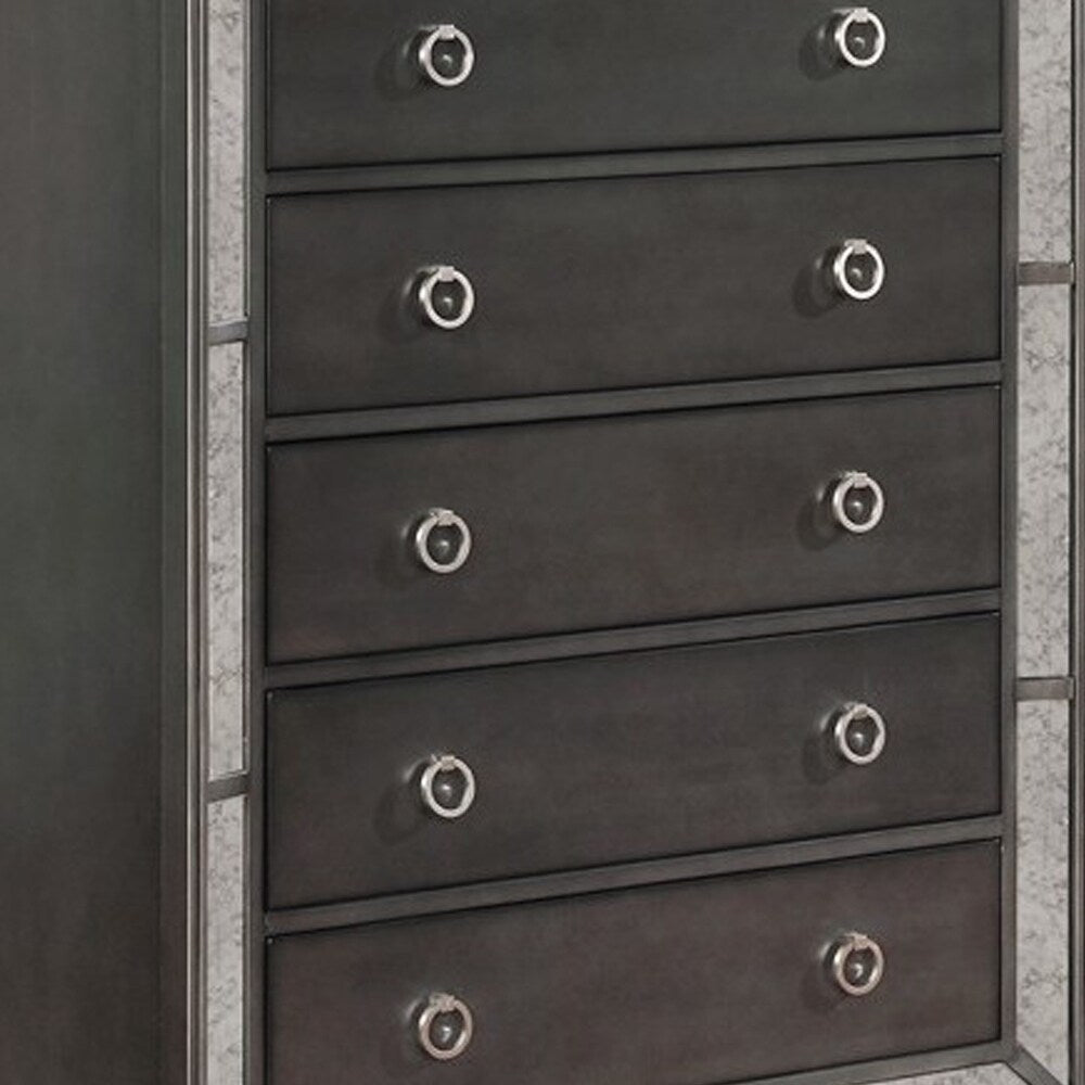 5 Drawer Wooden Chest with Mirrored Frame and Metal Pulls, Gray