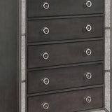 5 Drawer Wooden Chest with Mirrored Frame and Metal Pulls, Gray