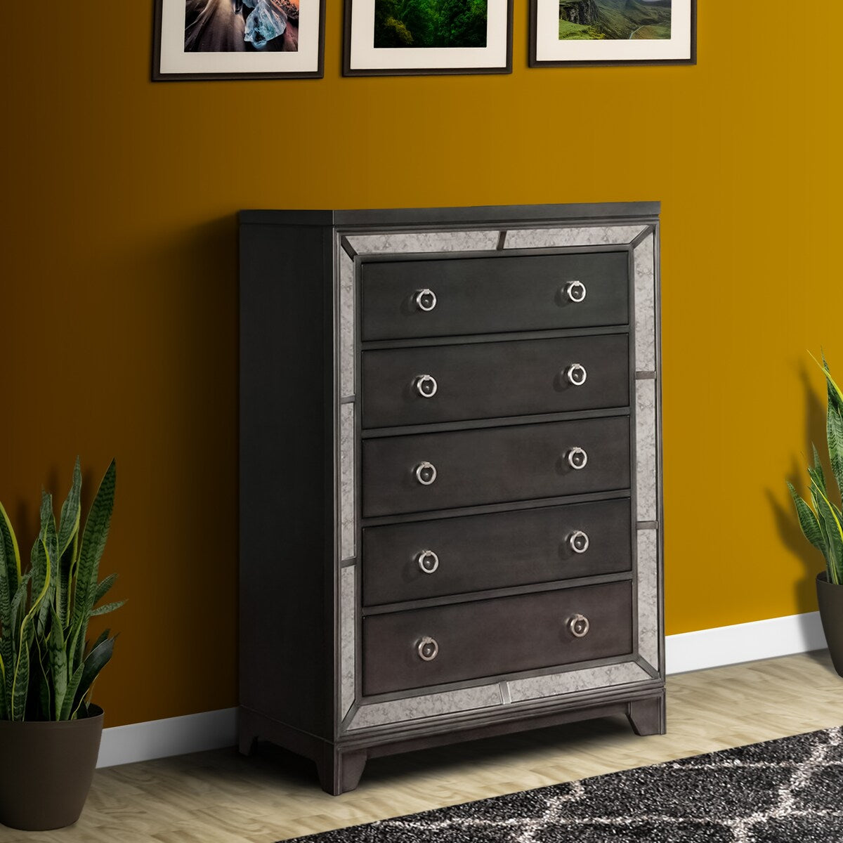 5 Drawer Wooden Chest with Mirrored Frame and Metal Pulls, Gray