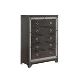 5 Drawer Wooden Chest with Mirrored Frame and Metal Pulls, Gray
