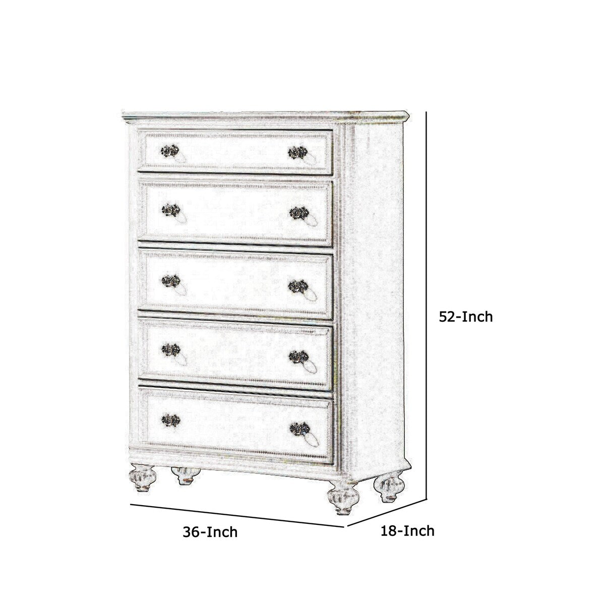 5 Drawer Wooden Chest with Round Glass Knobs and Molded Detail, White