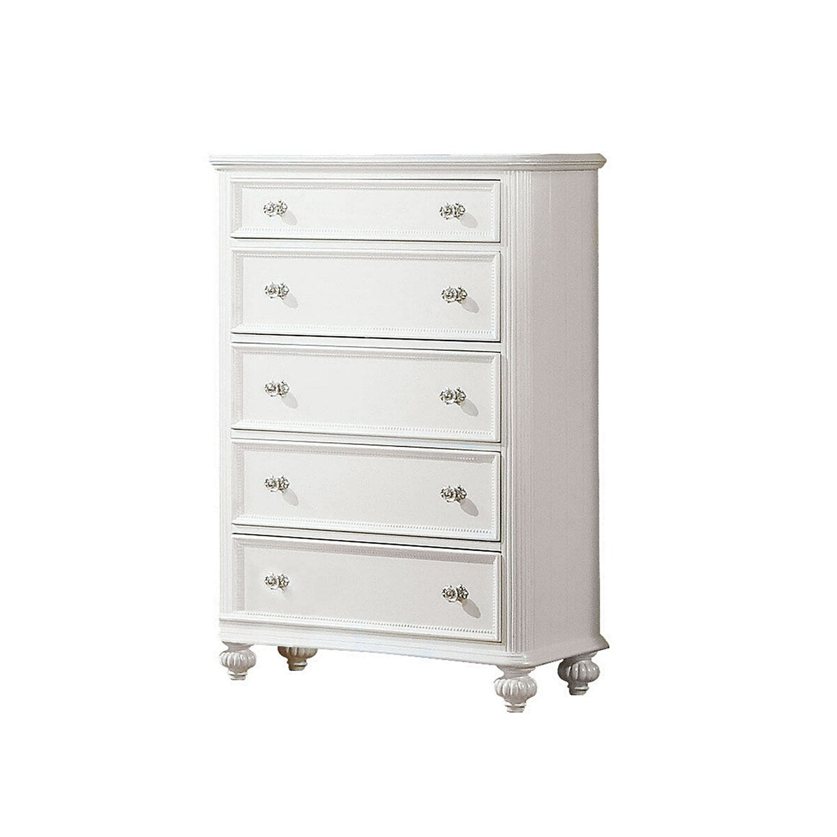 5 Drawer Wooden Chest with Round Glass Knobs and Molded Detail, White