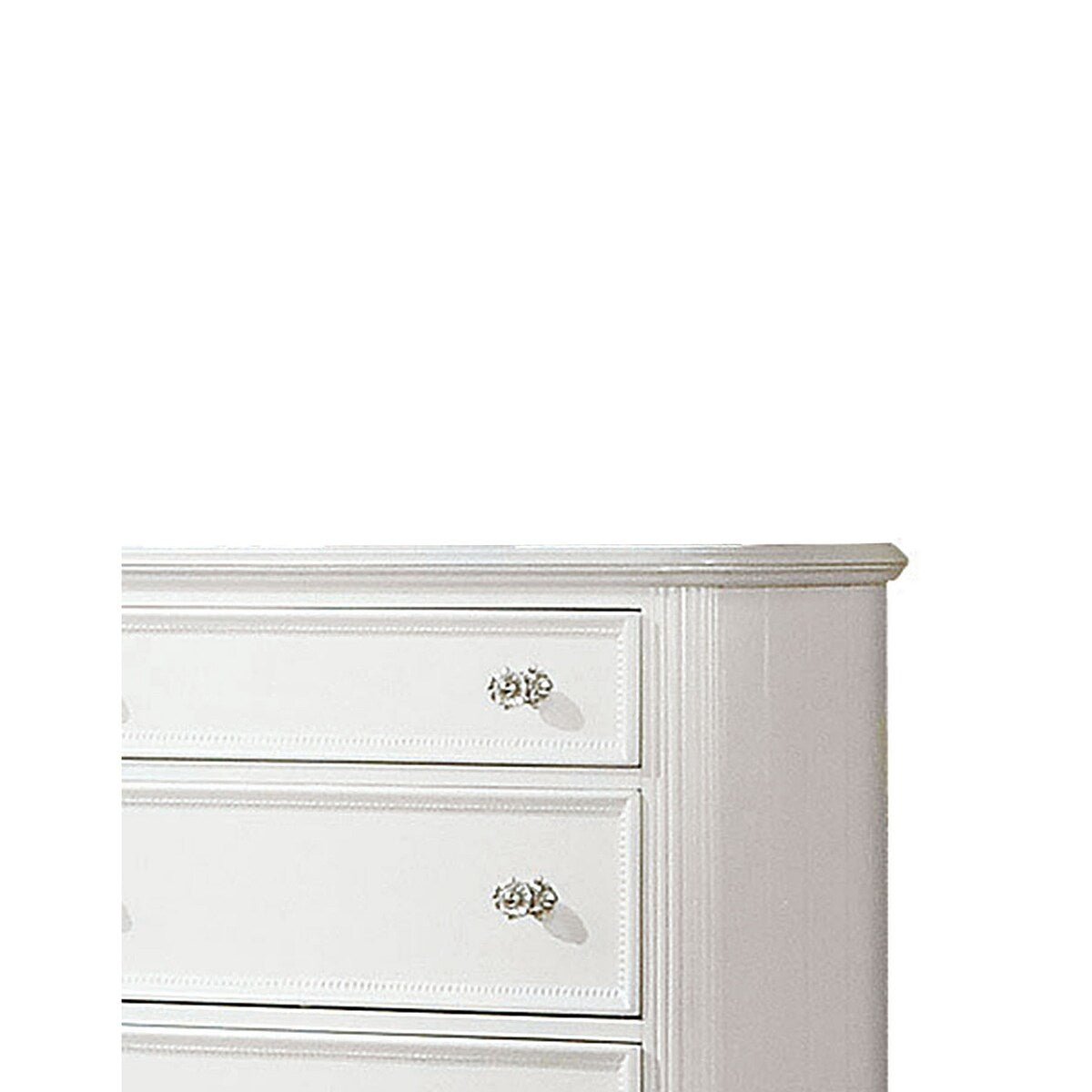 5 Drawer Wooden Chest with Round Glass Knobs and Molded Detail, White