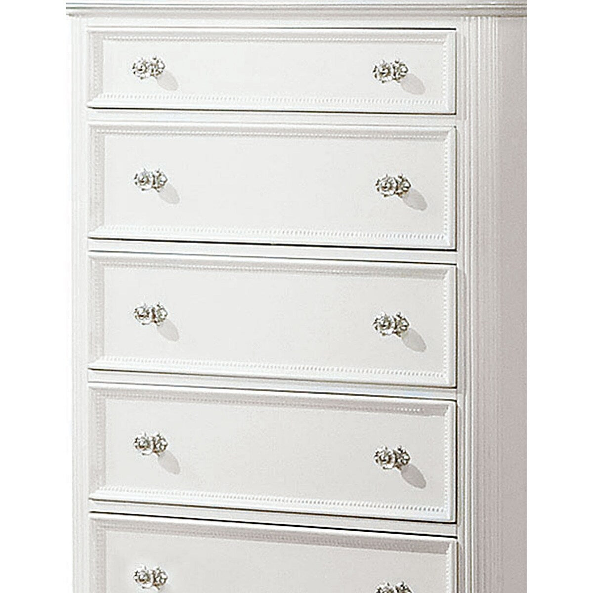 5 Drawer Wooden Chest with Round Glass Knobs and Molded Detail, White