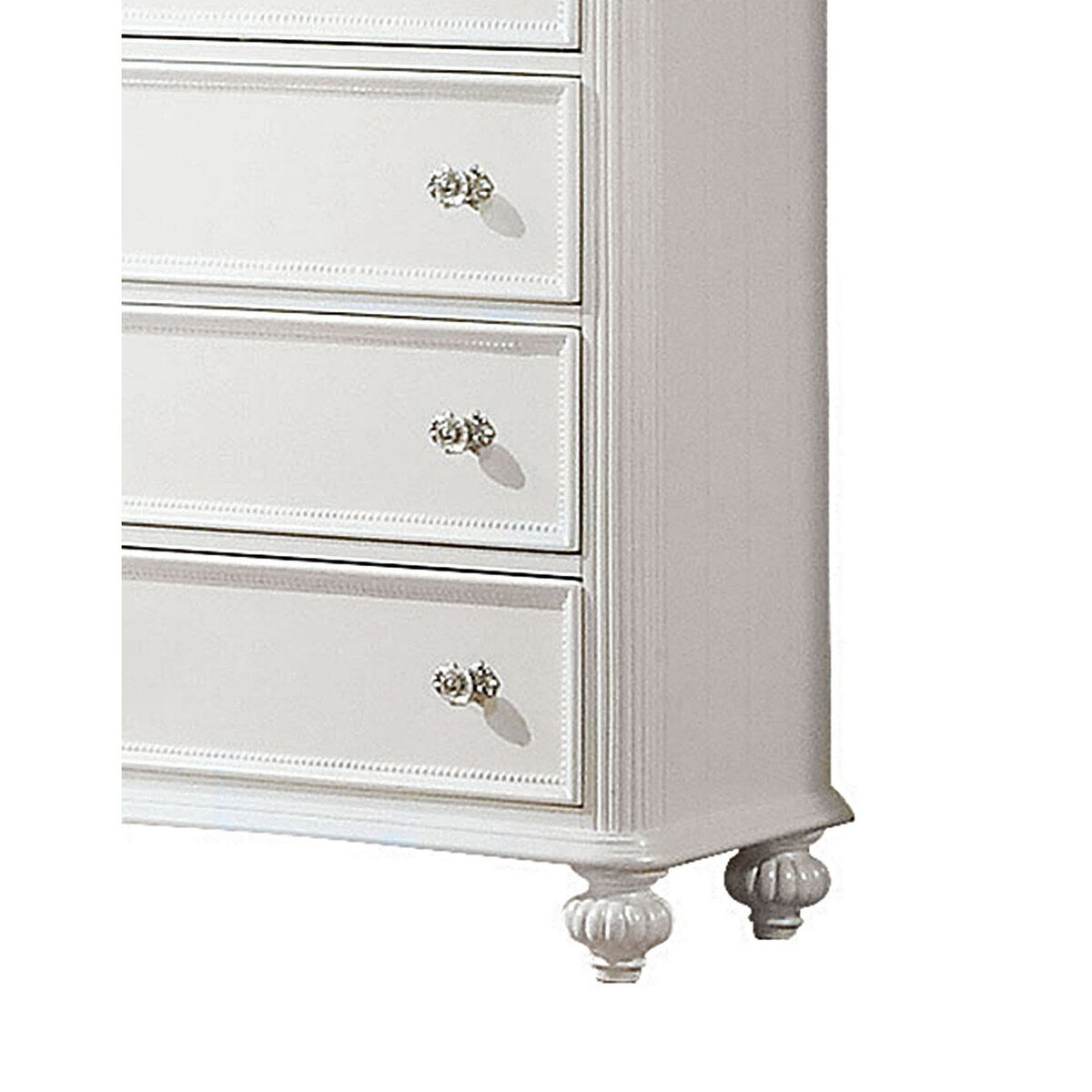 5 Drawer Wooden Chest with Round Glass Knobs and Molded Detail, White