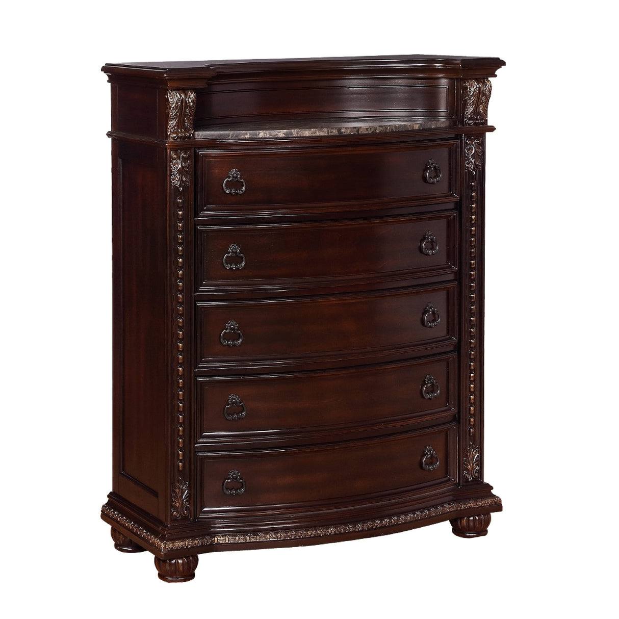5 Drawers Wooden Chest with Engraved Details and Bun Feet, Cherry Brown