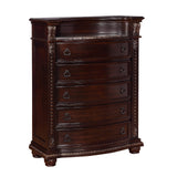 5 Drawers Wooden Chest with Engraved Details and Bun Feet, Cherry Brown