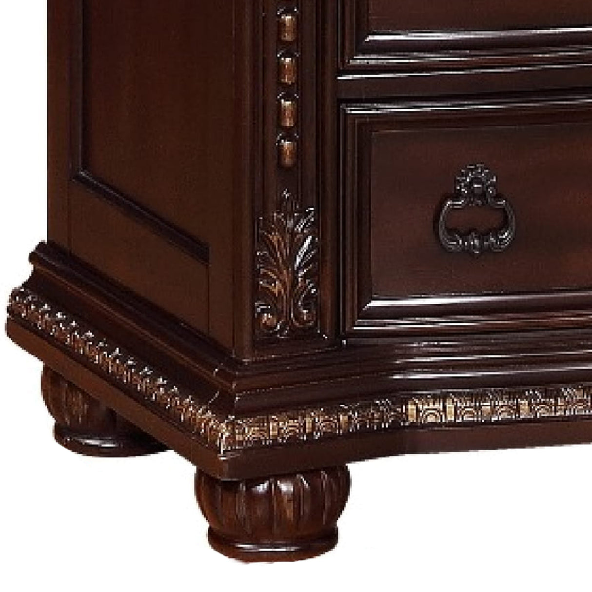 5 Drawers Wooden Chest with Engraved Details and Bun Feet, Cherry Brown