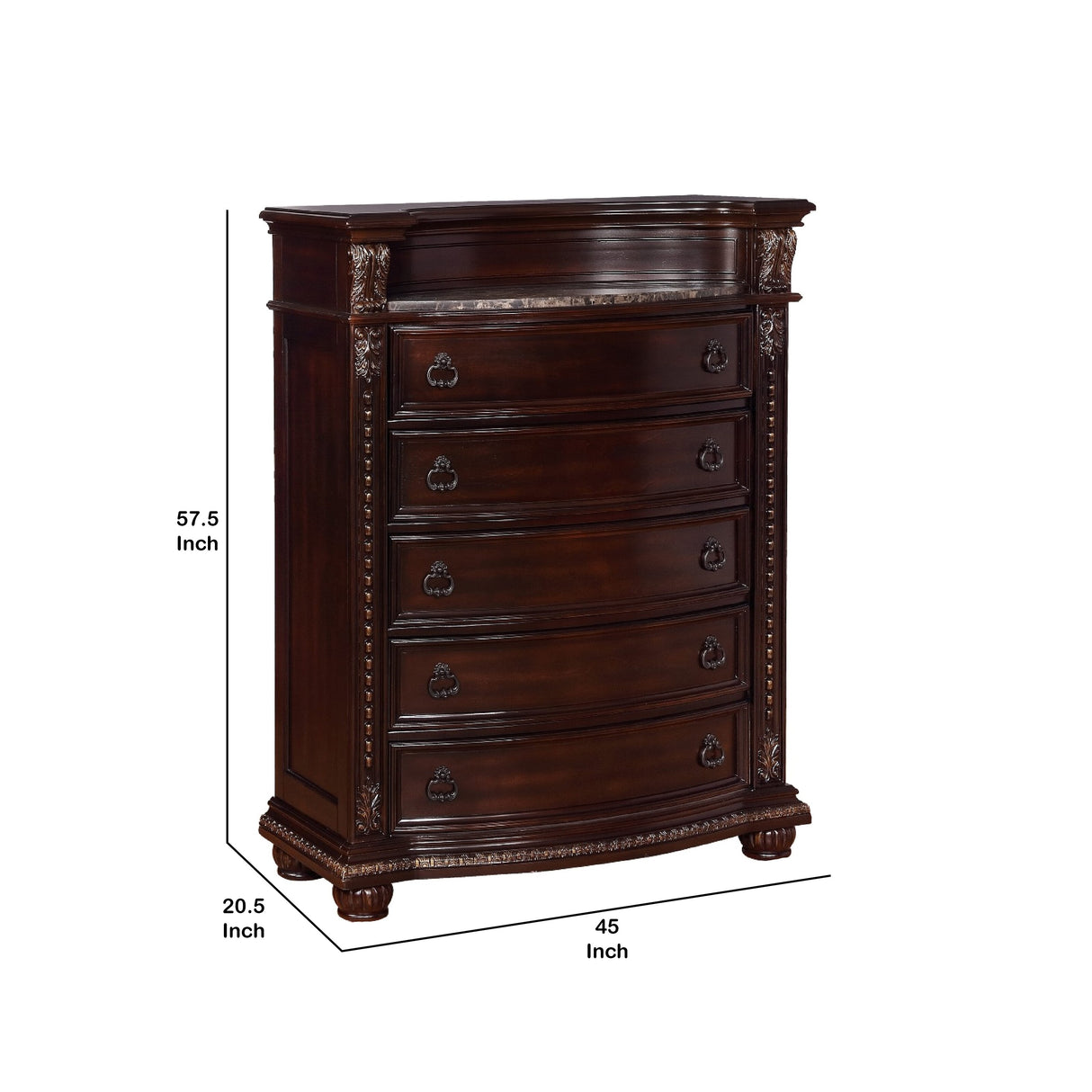 5 Drawers Wooden Chest with Engraved Details and Bun Feet, Cherry Brown
