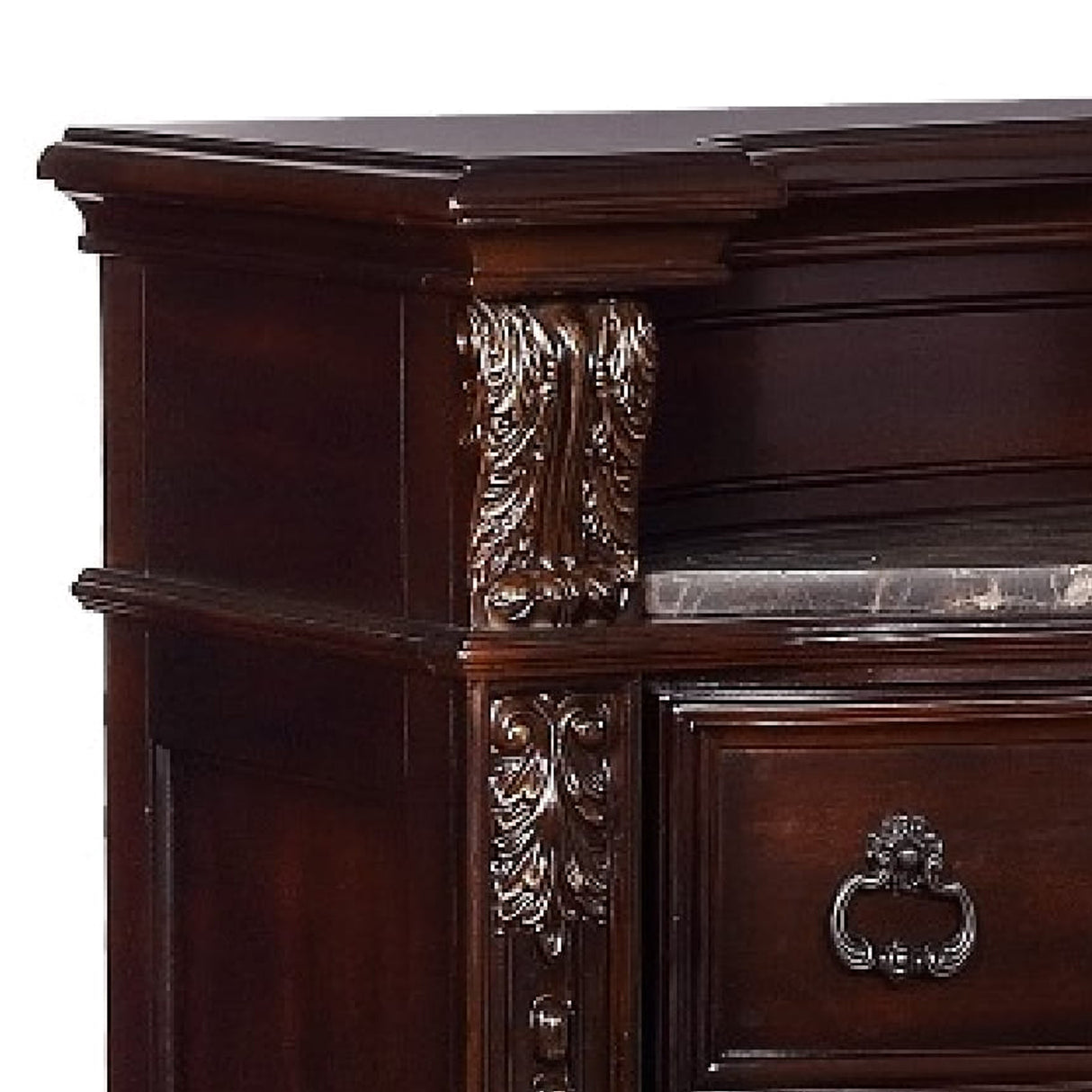5 Drawers Wooden Chest with Engraved Details and Bun Feet, Cherry Brown