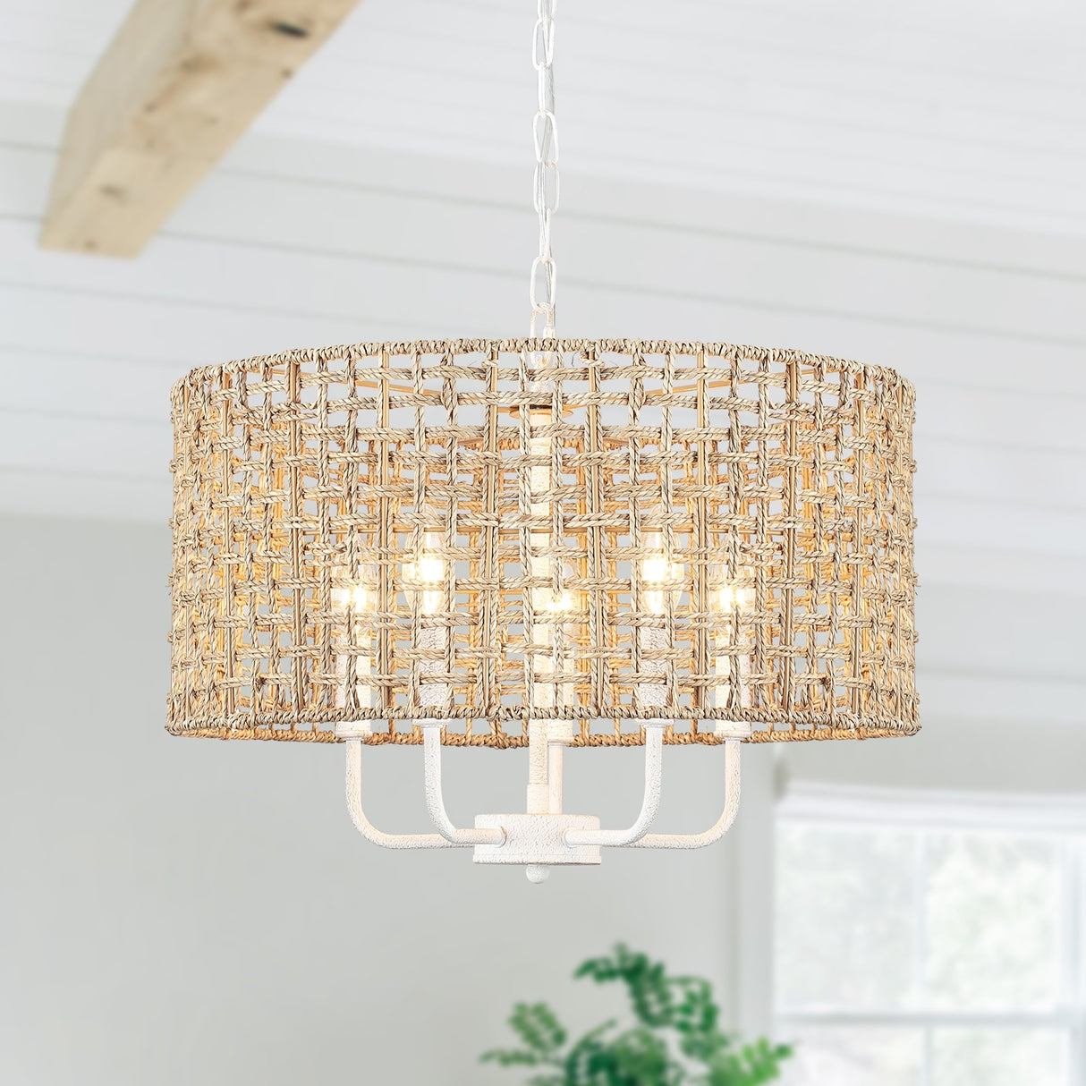 5-Light 18.89-inch Rattan Drum Chandelier for Living Room Kitchen
