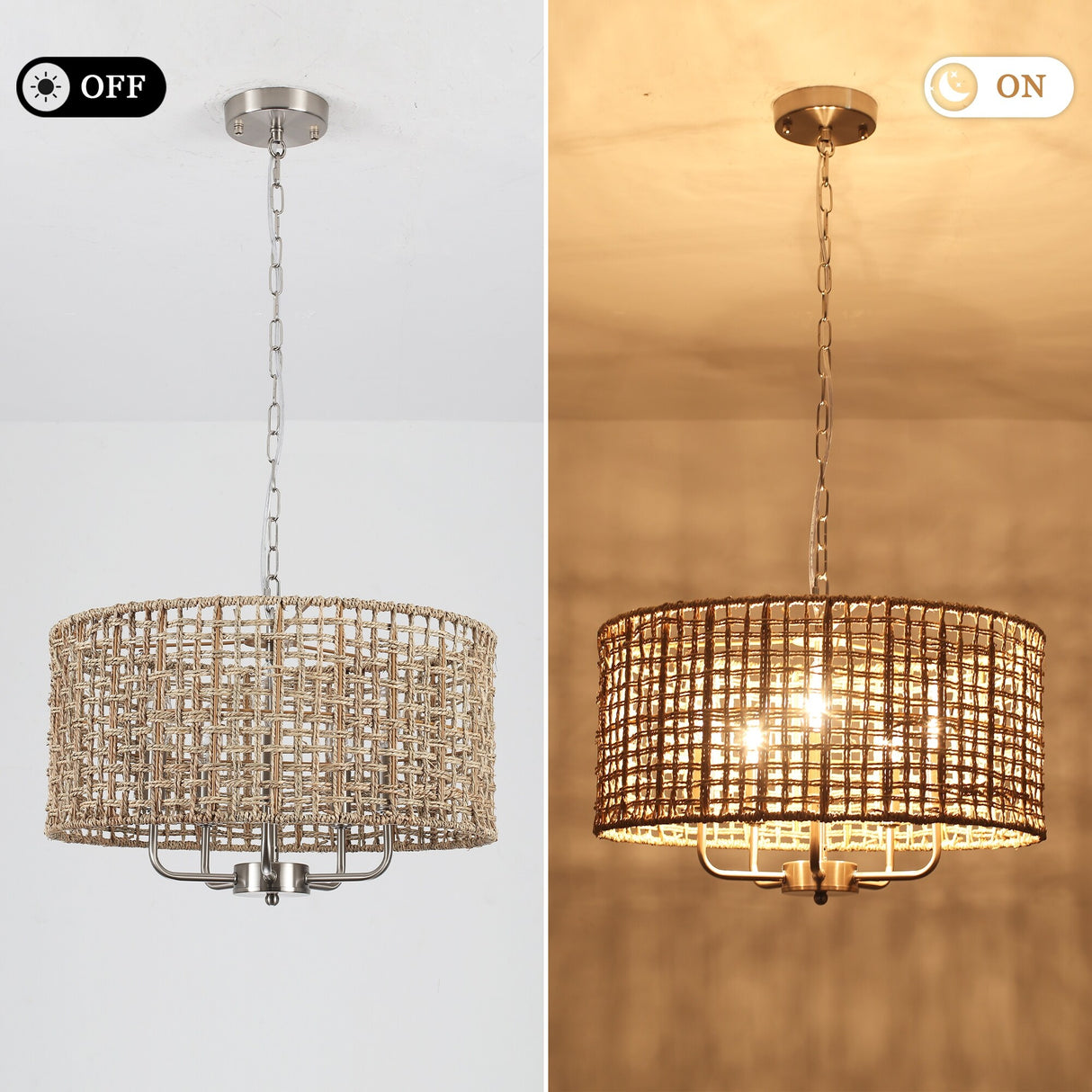 5-Light 18.89-inch Rattan Drum Chandelier for Living Room Kitchen