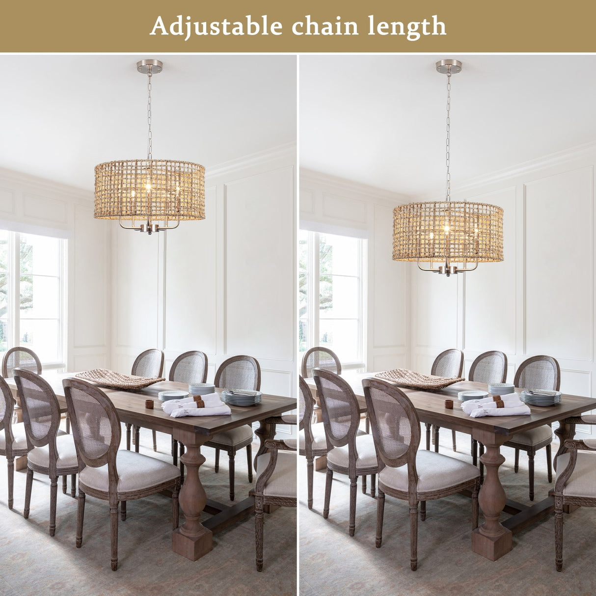5-Light 18.89-inch Rattan Drum Chandelier for Living Room Kitchen