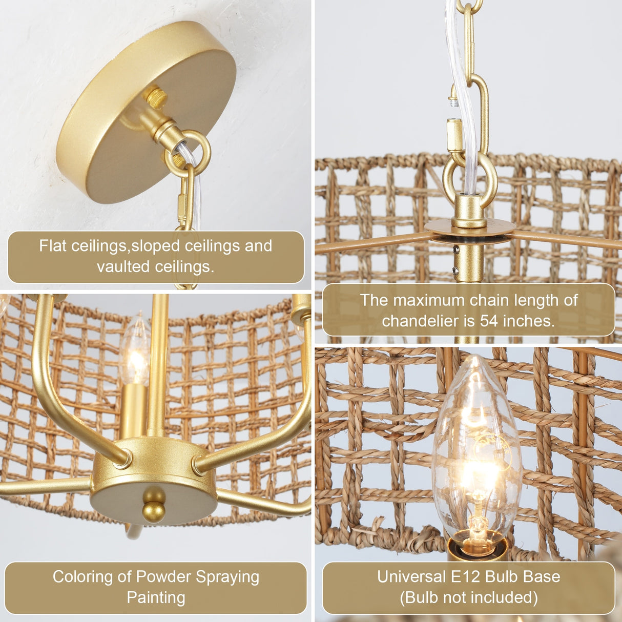 5-Light 18.89-inch Rattan Drum Chandelier for Living Room Kitchen