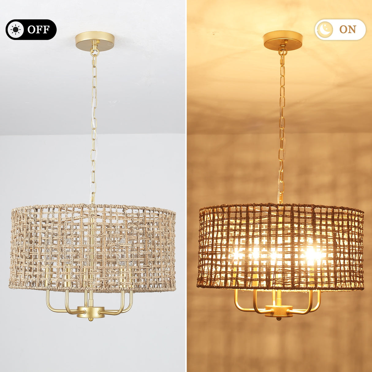 5-Light 18.89-inch Rattan Drum Chandelier for Living Room Kitchen