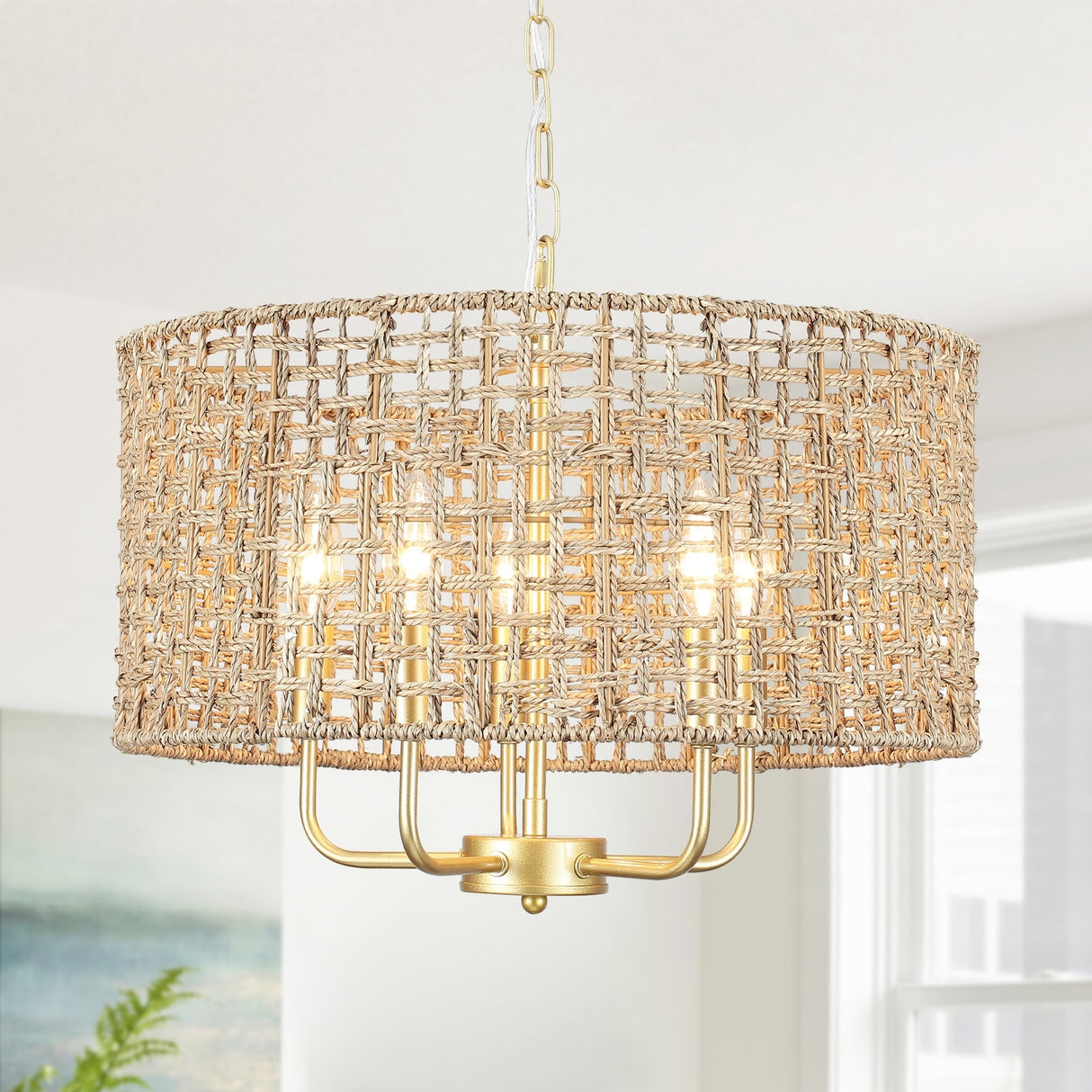 5-Light 18.89-inch Rattan Drum Chandelier for Living Room Kitchen