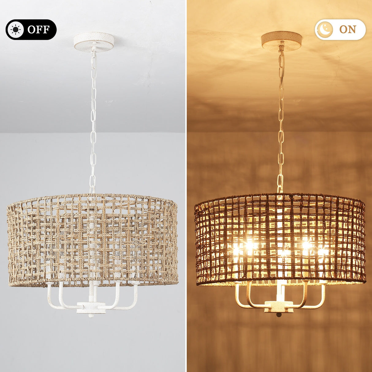 5-Light 18.89-inch Rattan Drum Chandelier for Living Room Kitchen