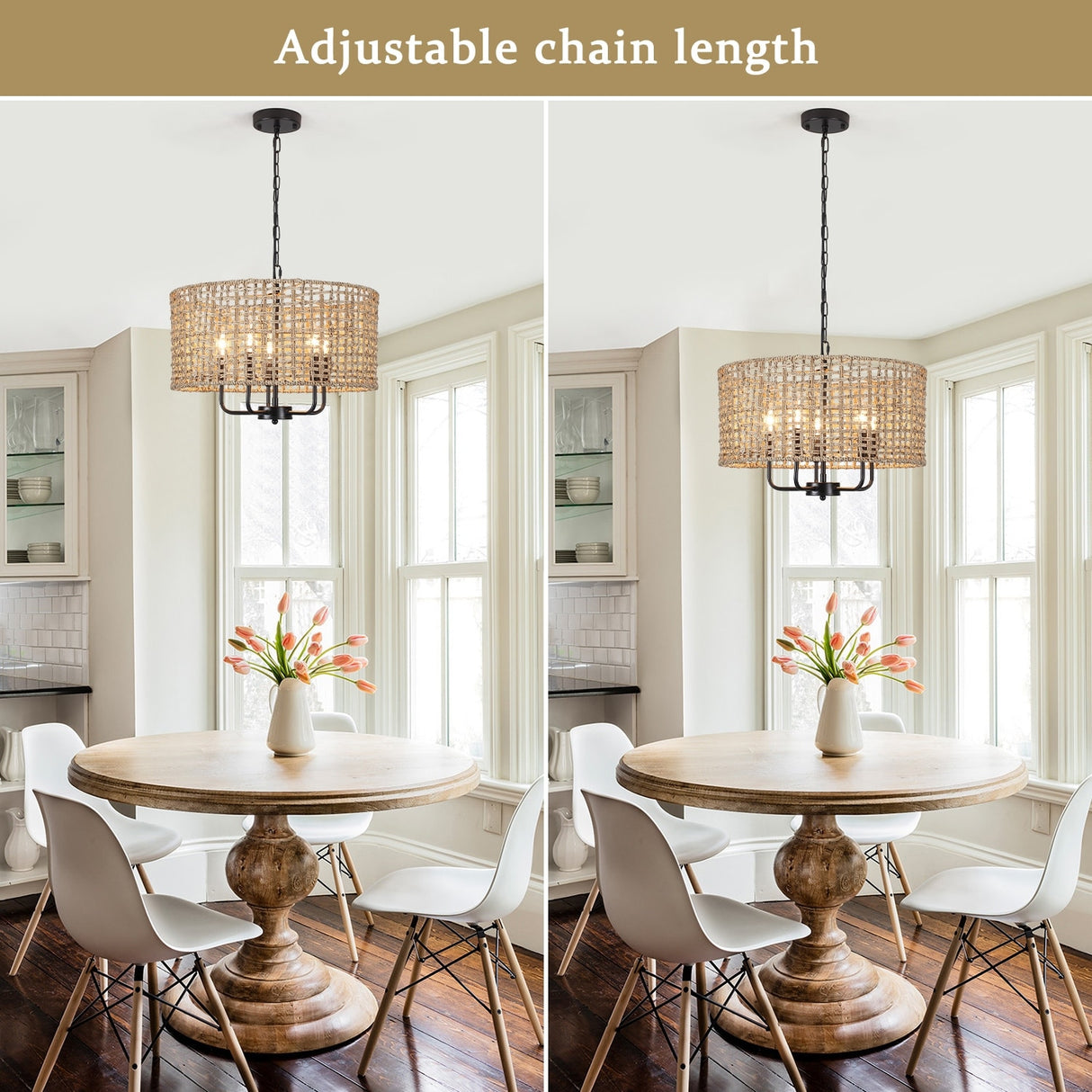 5-Light 18.89-inch Rattan Drum Chandelier for Living Room Kitchen