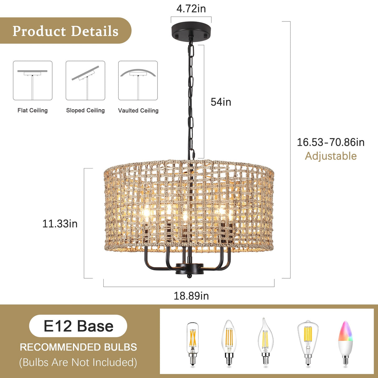 5-Light 18.89-inch Rattan Drum Chandelier for Living Room Kitchen