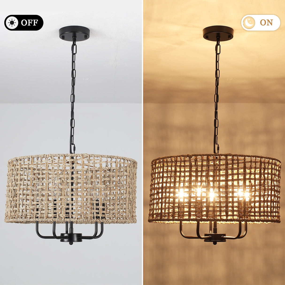 5-Light 18.89-inch Rattan Drum Chandelier for Living Room Kitchen