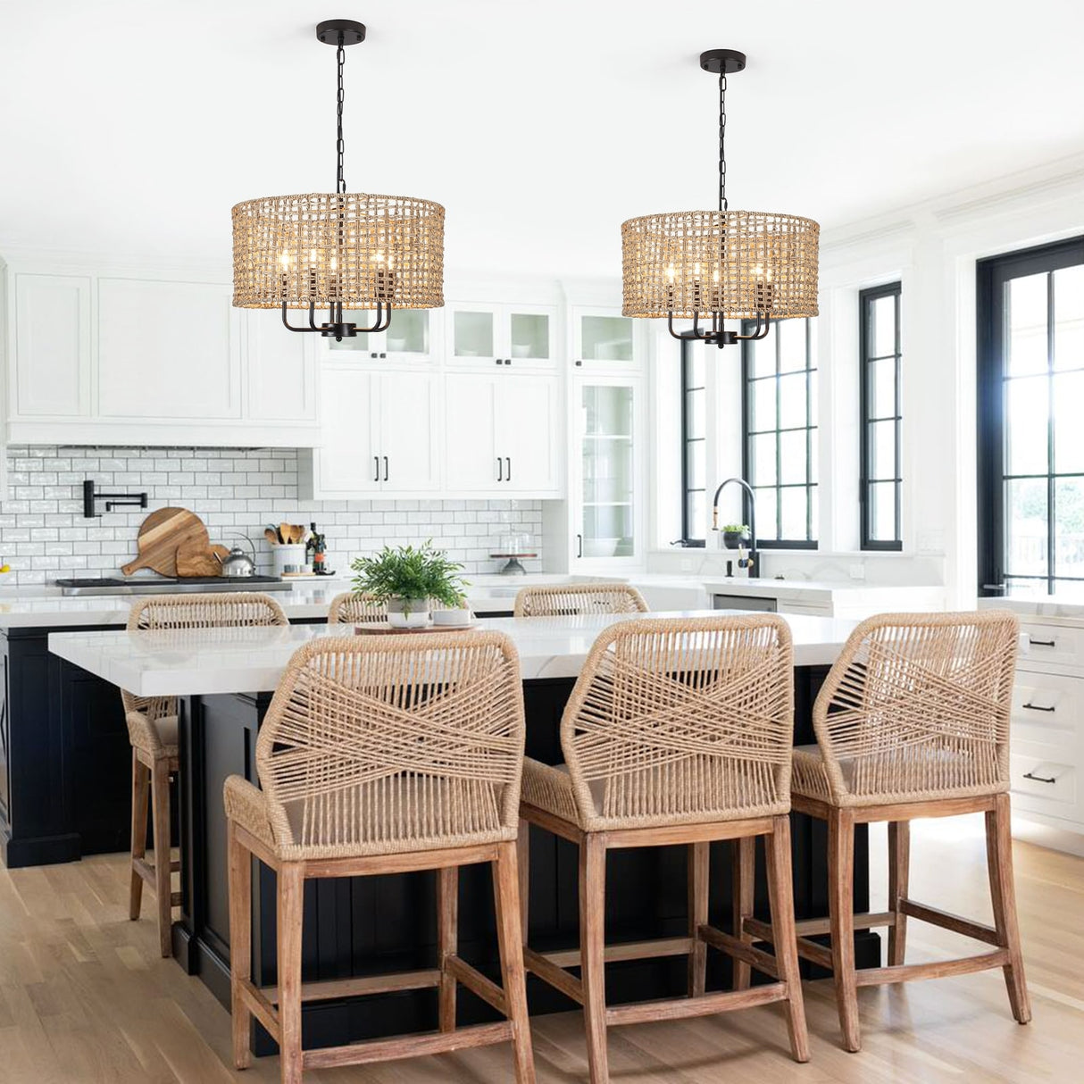 5-Light 18.89-inch Rattan Drum Chandelier for Living Room Kitchen