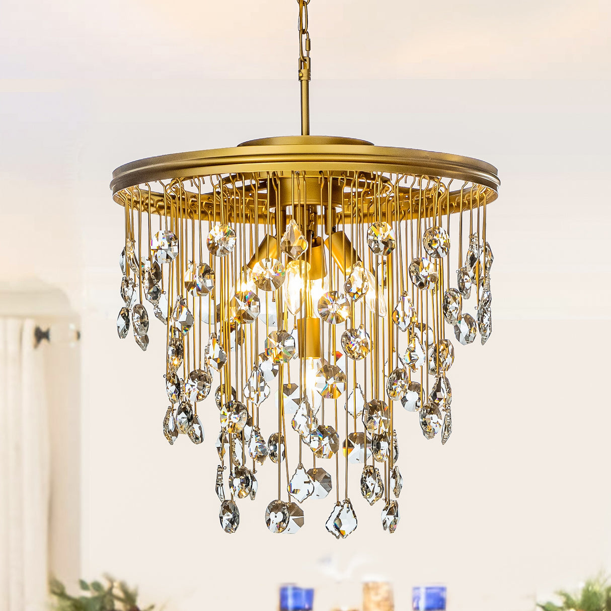 5-Light 20" Contemporary and Glam Antique Gold Rain Drop Crystal Chandelier