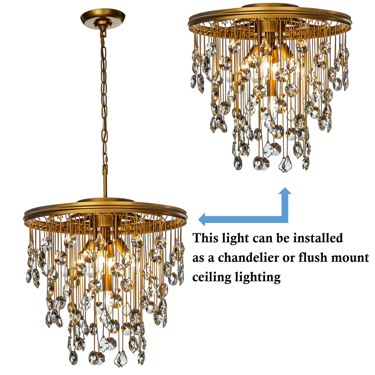 5-Light 20" Contemporary and Glam Antique Gold Rain Drop Crystal Chandelier