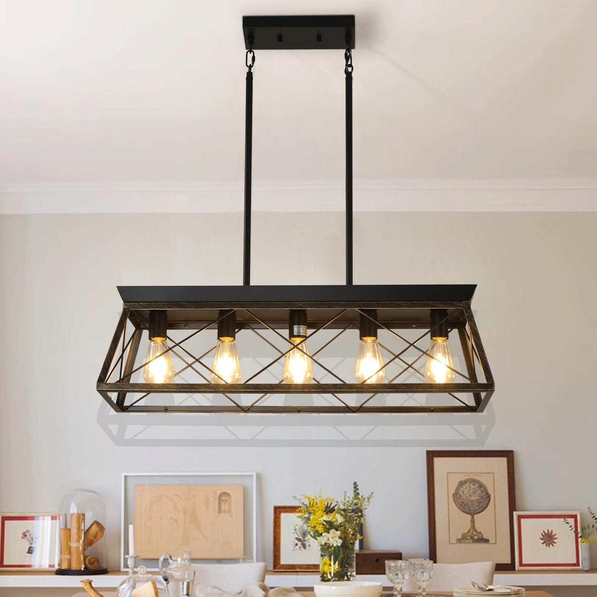 5-Light Farmhouse Chandelier for Dining, Kitchen, and Living Room - Modern Rectangular Design